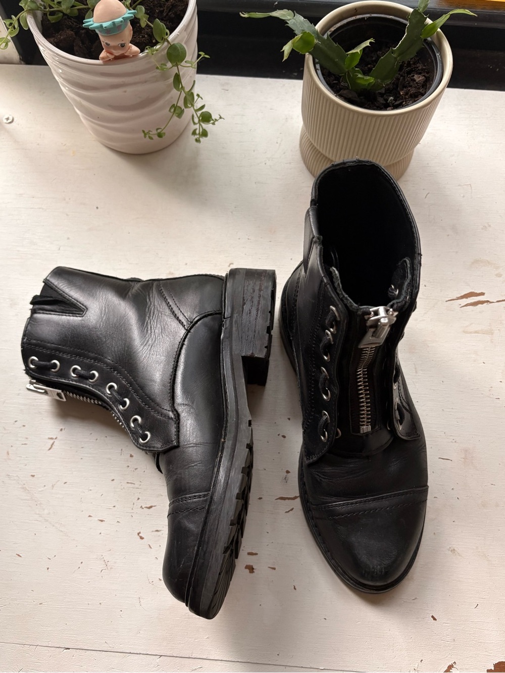 All Saints Black leather zip up boots with a grunge vibe